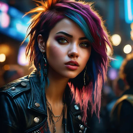 Prompt: Capture a highly precise and professional photograph, with a resolution of 256K, centered composition, and an emphasis on exceptional finishing. The image should exhibit an extremely realistic depiction, showcasing the finest details and meticulously rendered lighting effects and reflections.

The focal point of the photograph is a young woman with a punk style. She should have tattoos and multiple facial piercings, sticking out her tongue with a rebellious and playful expression. She should be making the rock sign with her fingers and have a wild, colorful mohawk. Her outfit should consist of mismatched mesh top and black underwear, reflecting her rock-inspired fashion sense.

The background of the image should be an extremely detailed depiction of an underground grunge nightclub, capturing the essence of the rock music and atmosphere of the venue.

The objective is to create a photograph that showcases the vibrant and energetic spirit of the young woman in a punk-inspired setting. The exceptional finishing, realistic lighting effects, and meticulous attention to detail will enhance the overall realism of the image, capturing the essence of her rebellious and lively personality.

Heavenly beauty, 128k, 50mm, f/1.4, high detail, sharp focus, perfect anatomy, highly detailed and high-quality background, oil painting, digital painting, Trending on ArtStation, UHD, 128K, quality, Big Eyes, Artgerm, highest quality stylized character concept masterpiece, award-winning digital 3D, hyper-realistic, intricate, HDR, image of a gorgeous, beautiful, dirty, highly detailed face, hyper-realistic facial features, cinematic 3D volumetric, illustration by Marc Simonetti, Carne Griffiths, Conrad Roset, 3D anime girl, Full HD render + immense detail + dramatic lighting + well-lit + fine | ultra-detailed realism, full-body art, lighting, high-quality, engraved, photorealistic, hyperrealistic, perfect eyes, perfect skin, perfect hair, perfect shadow, perfect light.