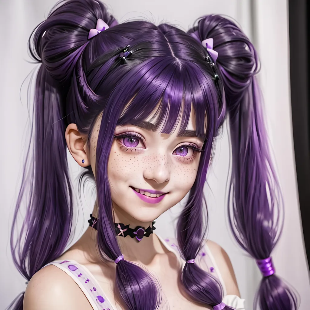 Prompt: Capture a precise, professional-grade in the highest possible quality photography of a deep dark purple haired magical young woman.

She has violet hair styled in two exquisite pigtails, tied with kawaii hairpins. She have grey eyes. She has a few freckles on her nose, and large, bright eyes. She is in an idol pose, smiling to the camera. She have one eye closed winking at the camera.  She is dressed in a white magical girl uniform.

The background is  a blue sky with some clouds with glitter.

heavenly beauty, 128k, 50mm, f/1. 4, high detail, sharp focus, perfect anatomy, highly detailed, detailed and high quality background, oil painting, digital painting, Trending on artstation, UHD, 128K, quality, Big Eyes, artgerm, highest quality stylized character concept masterpiece, award winning digital 3d, hyper-realistic, intricate, 128K, UHD, HDR, image of a gorgeous, beautiful, dirty, highly detailed face, hyper-realistic facial features, cinematic 3D volumetric, illustration by Marc Simonetti, Carne Griffiths, Conrad Roset, 3D anime girl, Full HD render + immense detail + dramatic lighting + well lit + fine | ultra - detailed realism, full body art, lighting, high - quality, engraved, ((photorealistic)), ((hyperrealistic)),  ((perfect eyes)), ((perfect skin)), ((perfect hair))