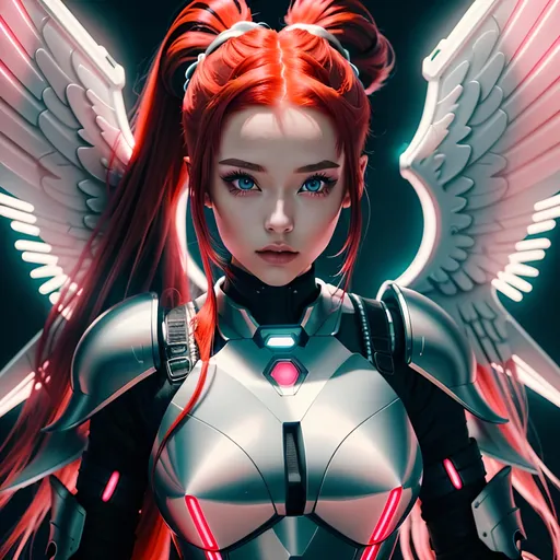 Prompt: Capture a precise, professional-grade close up in the in the highest possible quality photography of a young woman. She wears a futuristic neon armor. 

She has long symmetrical red hair tied in a high ponytail. She should have white angel wings.
She should be with a dynamic pose. 

heavenly beauty, 8k, 50mm, f/1. 4, high detail, sharp focus, perfect anatomy, highly detailed, detailed and high quality background, oil painting, digital painting, Trending on artstation, UHD, 128K, quality, Big Eyes, artgerm, highest quality stylized character concept masterpiece, award winning digital 3d, hyper-realistic, intricate, 128K, UHD, HDR, image of a gorgeous, beautiful, dirty, highly detailed face, hyper-realistic facial features, cinematic 3D volumetric, illustration by Marc Simonetti, Carne Griffiths, Conrad Roset, 3D anime girl, Full HD render + immense detail + dramatic lighting + well lit + fine | ultra - detailed realism, full body art, lighting, high - quality, engraved, ((photorealistic)), ((hyperrealistic))