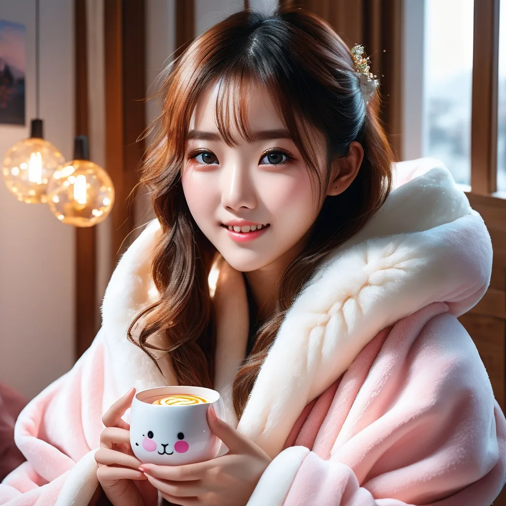 Prompt: Capture a precise, professional-grade in the highest possible quality photography of a korean young woman in a cute and kawaii room with gaming decoration, she is wrapped in a thick soft fur blanket, a warm kawaii cup in her hands. She have a little smile.

Heavenly beauty, 128k, 50mm, f/1. 4, high detail, sharp focus, perfect anatomy, highly detailed, detailed and high quality background, oil painting, digital painting, Trending on artstation, UHD, 128K, quality, Big Eyes, artgerm, highest quality stylized character concept masterpiece, award winning digital 3d, hyper-realistic, intricate, 128K, UHD, HDR, image of a gorgeous, beautiful, dirty, highly detailed face, hyper-realistic facial features, cinematic 3D volumetric, illustration by Marc Simonetti, Carne Griffiths, Conrad Roset, 3D anime girl, Full HD render + immense detail + dramatic lighting + well lit + fine | ultra - detailed realism, full body art, lighting, high - quality, engraved, ((photorealistic)), ((hyperrealistic)), ((perfect eyes)), ((perfect skin)), ((perfect hair)), ((perfect shadow)), ((perfect light))