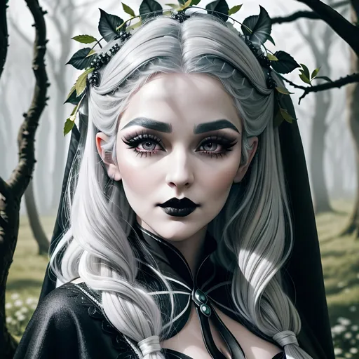 Prompt: Capture a precise, professional-grade close up in the in the highest possible quality photography of a blackthorn dryad. 

She wears a dress with a cape. She has long symmetrical white hair with grey highlights. She also have large eyelashes, black lips, black eye make-up. 

heavenly beauty, 8k, 50mm, f/1. 4, high detail, sharp focus, perfect anatomy, highly detailed, detailed and high quality background, oil painting, digital painting, Trending on artstation, UHD, 128K, quality, Big Eyes, artgerm, highest quality stylized character concept masterpiece, award winning digital 3d, hyper-realistic, intricate, 128K, UHD, HDR, image of a gorgeous, beautiful, dirty, highly detailed face, hyper-realistic facial features, cinematic 3D volumetric, illustration by Marc Simonetti, Carne Griffiths, Conrad Roset, 3D anime girl, Full HD render + immense detail + dramatic lighting + well lit + fine | ultra - detailed realism, full body art, lighting, high - quality, engraved, ((photorealistic)), ((hyperrealistic))