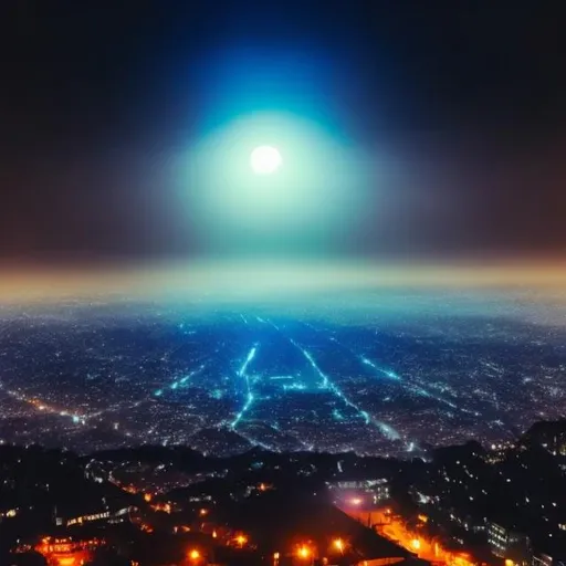 Prompt: Blue moon in the sky foggy lit up city below