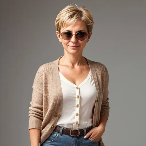 Prompt: middle age woman with short blonde hair and sunglasses. She is wearing a cardigan and jeans with sandals.