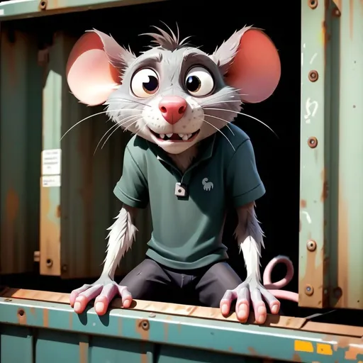 Prompt: Sad scared teenage anthropomorphic fursona rat, in the dumpster