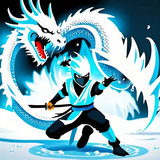 Prompt: White dragon ninja with ice powers