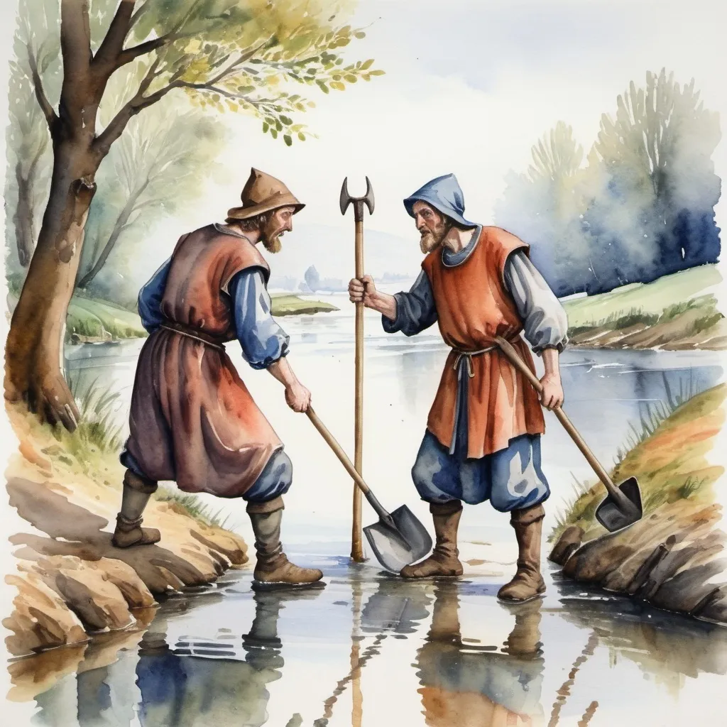 Prompt: Two poor medieval peasants, holding shovels in their hands, will fight each other. By a river. Watercolour