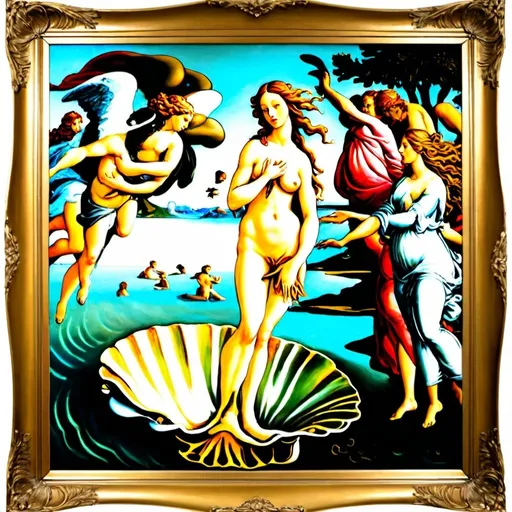 Prompt: Create an image of a beautifully framed painting inspired by Sandro Botticelli's 'The Birth of Venus.' The painting should depict the iconic scene of Venus emerging from the sea on a large shell, surrounded by figures such as the wind gods Zephyrus and Aura, and a nymph ready to cover Venus with a cloak. The artwork should capture the delicate beauty and flowing lines characteristic of Botticelli's style, with soft, harmonious colors. The frame is exquisite and ornate, enhancing the classical and timeless appeal of the painting. The photograph of the framed painting is set in an elegant, well-lit room with sophisticated decor, making the painting the focal point. This presentation is designed to evoke admiration and interest, perfect for an Etsy listing to attract potential buyers