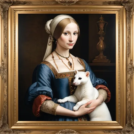 Prompt: Create an image of a beautifully framed painting inspired by Leonardo da Vinci's 'Lady with an Ermine.' The painting features a sophisticated young woman dressed in elegant Renaissance attire, holding a small, charming ermine in her arms. The scene should be rendered with meticulous attention to detail, capturing the grace and poise of the subject, as well as the lifelike texture of the ermine's fur. The frame is exquisitely ornate, enhancing the classic and timeless appeal of the artwork. The photograph of the framed painting is set in a refined, well-lit room with elegant decor, ensuring the painting is the focal point. This presentation is designed to evoke admiration and interest, perfect for an Etsy listing.