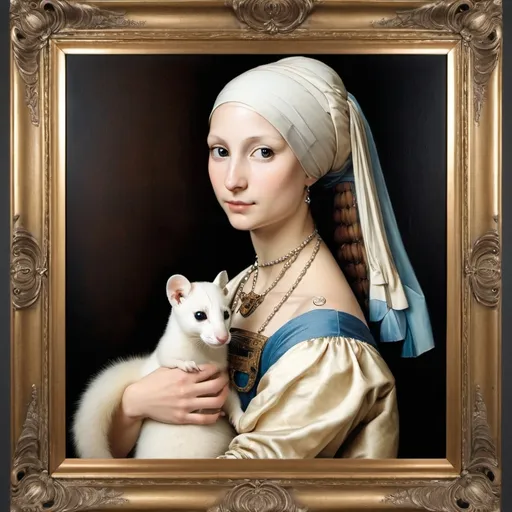 Prompt: Create an image of a beautifully framed painting inspired by Leonardo da Vinci's 'Lady with an Ermine.' The painting features a sophisticated young woman dressed in elegant Renaissance attire, holding a small, charming ermine in her arms. The scene should be rendered with meticulous attention to detail, capturing the grace and poise of the subject, as well as the lifelike texture of the ermine's fur. The frame is exquisitely ornate, enhancing the classic and timeless appeal of the artwork. The photograph of the framed painting is set in a refined, well-lit room with elegant decor, ensuring the painting is the focal point. This presentation is designed to evoke admiration and interest, perfect for an Etsy listing.