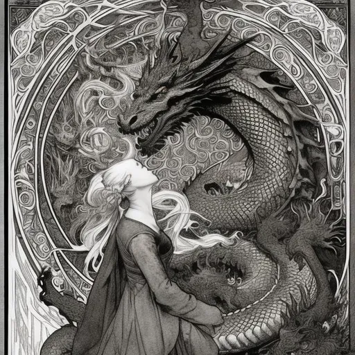 Prompt: Dragon, Mucha, Henry.J.Ford, black and white, illustration, book, beside a princess, etching, castle in the background 