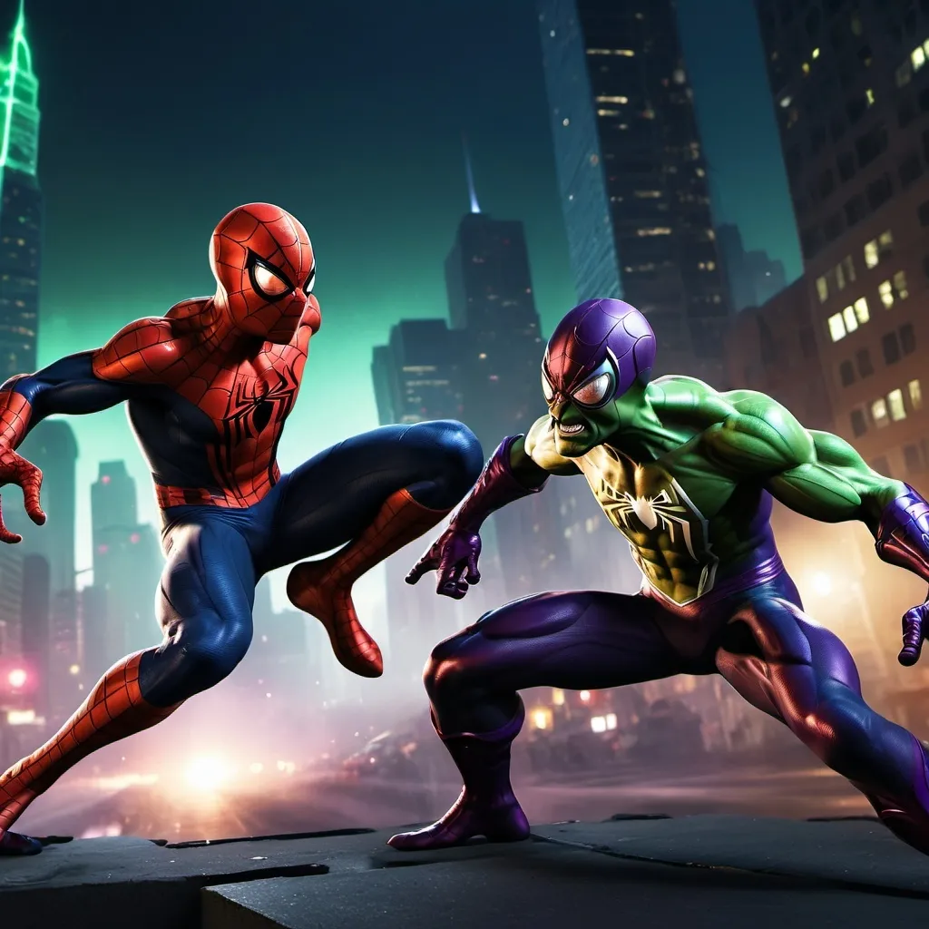 Prompt: (Spiderman battling Green Goblin), dynamic cityscape, tense action scene, (dark night) with vivid moonlight, battling shadows, glowing city lights, atmosphere filled with adrenaline, high-detail characters, intense expressions, epic showdown, (dramatic contrasts) between colors, (cinematic composition), 4K ultra-detailed view, emphasizing movement and energy.