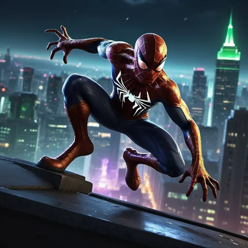 Prompt: (Spiderman battling Green Goblin), dynamic cityscape, tense action scene, (dark night) with vivid moonlight, battling shadows, glowing city lights, atmosphere filled with adrenaline, high-detail characters, intense expressions, epic showdown, (dramatic contrasts) between colors, (cinematic composition), 4K ultra-detailed view, emphasizing movement and energy.