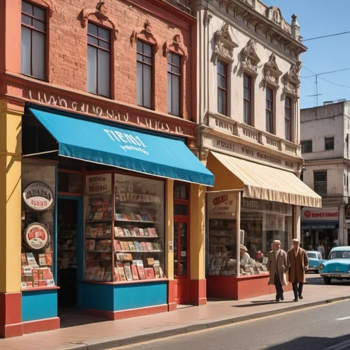 Prompt: (Tienda Inglesa building), retro style, (1950s design), vibrant colors, nostalgic vibe, detailed facade showcasing brickwork, warm sunlight casting shadows, pleasing urban environment, bustling street scene, vintage signage, characters in period clothing walking by, (highly detailed), charming atmosphere, conveying a sense of history and heritage, reminiscent of a lively era in Uruguay’s retail history.