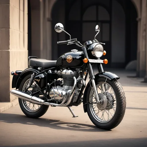 Prompt: (vintage motorcycle Royal Enfield 650 cc), (1950s retro aesthetic), (Batman theme), (sleek) black and chrome finish, subtle (gothic) design elements, dramatic shadows enhancing contours, cool tone colors, atmospheric vibe, urban background, highly detailed craftsmanship, ultra-detailed, cinematic, evokes a sense of nostalgia and adventure.