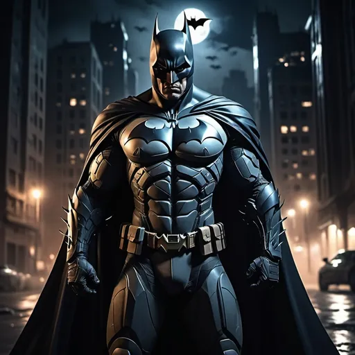 Prompt: (Batman as a fierce warrior), shadowy dark city atmosphere, (ominous buildings), illuminated by a faint glimmer of moonlight, intense and dramatic color tones, sleek armor details reflecting light, powerful stance with cape flowing in the wind, (mysterious ambiance), high detail, (cinematic style), depth and grit in urban setting, evokes tension and bravery, (4K resolution).