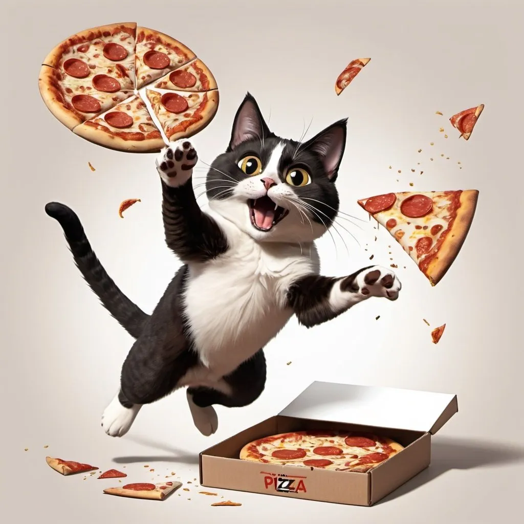 Prompt: A cartoon cat, Pita, jumping onto a table and knocking over a pizza box. The pizza is flying in the air, with cheese and pepperoni scattering everywhere.