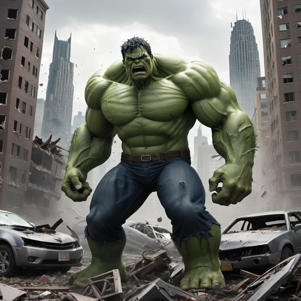 Prompt: "A modern city in ruins with buildings damaged and cars overturned. The Hulk, in a furious rage, stands in the midst of the destruction. Batman, in his iconic suit, emerges heroically from the shadows with gadgets ready. The climax of the scene shows Batman defeating the Hulk, with the city's skyline visible in the background, beginning to recover from the chaos."