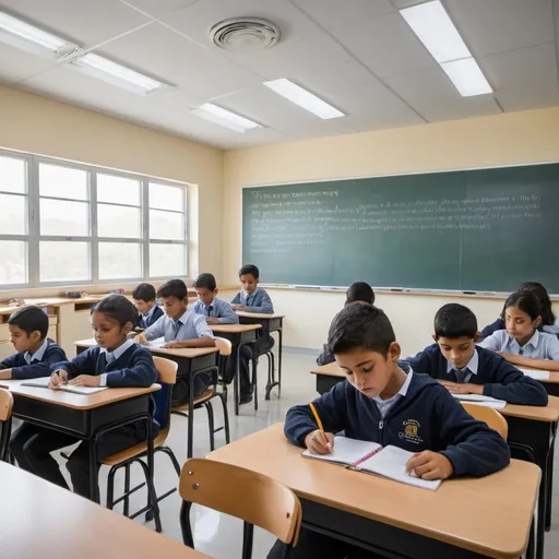 Prompt: A modern classroom combined with a computer lab. The room has desks arranged in rows, each with a computer. At the front of the room, there is a large interactive whiteboard displaying language learning content, such as vocabulary and grammar exercises. Students are seated at the desks, actively engaged with their computers and also paying attention to the language lesson on the board. The walls have educational posters related to language learning, and there are bookshelves with language learning materials. The atmosphere is bright and conducive to learning, with large windows letting in natural light."