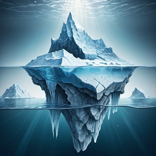 Prompt: Iceberg illustration with systems thinking concept, clear blue and white tones, detailed ice textures, underwater roots, interconnected systems, hidden complexity, high quality, detailed, realistic, professional, clear lighting, crisp details, systems thinking, iceberg, clear tones, underwater roots, hidden complexity, interconnected systems