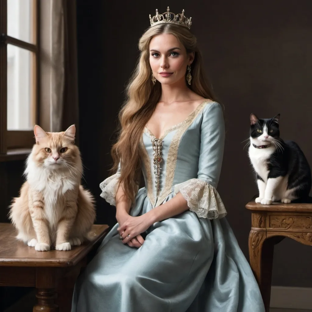 Prompt: A cat sitting on a table and a pretty woman with long hair dressed elagantly and royally sitting next to the cat.