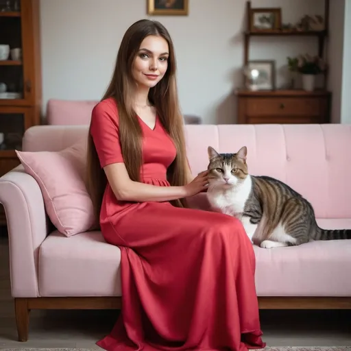 Prompt: A cat sitting on a table and a pretty woman with long straight hair dressed elegantly in a long red and pink shade dress sitting next to the cat on a sofa. In a cozy setup.