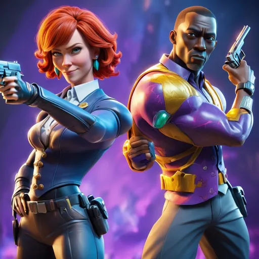 Prompt: Reba and Don Cheadle in Fortnite, pointing guns at each other, 3D rendering, vibrant and action-packed, high quality, video game art, realistic characters, celebrity collaboration, dynamic poses, intense and dramatic lighting, detailed facial expressions, iconic costumes, Fortnite setting, vibrant colors, professional 3D art, energetic atmosphere, celebrity cameo, dramatic lighting, highres, action-packed, vibrant colors, dynamic poses, detailed characters