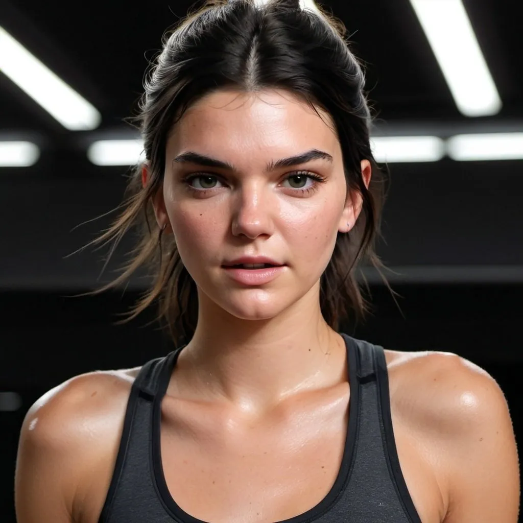 Prompt: Sweaty 19-year-old Kendall Jenner post-workout, seeking help, highres, realistic, detailed facial features, atmospheric lighting, intense gaze, sporty attire, professional photography style