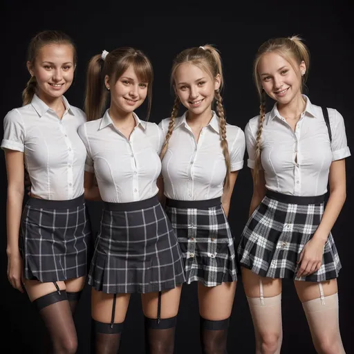 Prompt: Realistic style, two 18-year-old girls, standing with legs crossed, playfully smiling, short plaid mini dress, tight mini dress, tight white button up shirt, one brunette and one blonde, ponytail, thigh high stockings, highly detailed, HD, dark background