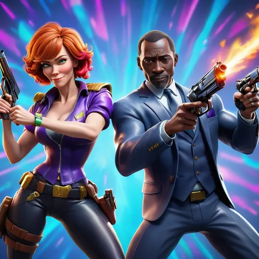 Prompt: Reba and Don Cheadle in Fortnite, pointing guns at each other, 3D rendering, vibrant and action-packed, high quality, video game art, realistic characters, celebrity collaboration, dynamic poses, intense and dramatic lighting, detailed facial expressions, iconic costumes, Fortnite setting, vibrant colors, professional 3D art, energetic atmosphere, celebrity cameo, dramatic lighting, highres, action-packed, vibrant colors, dynamic poses, detailed characters