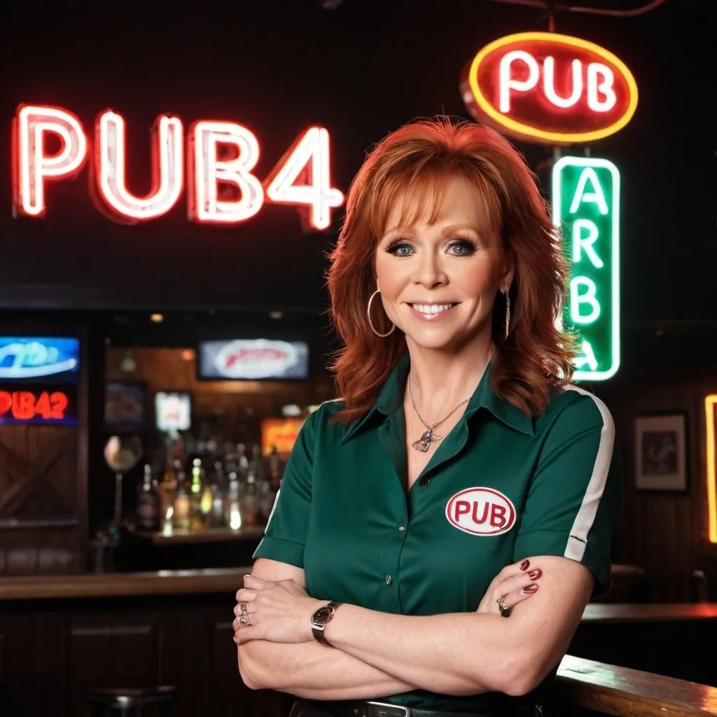 Prompt: Reba if she was a sports bar waitress, neon sign that says Pub 42