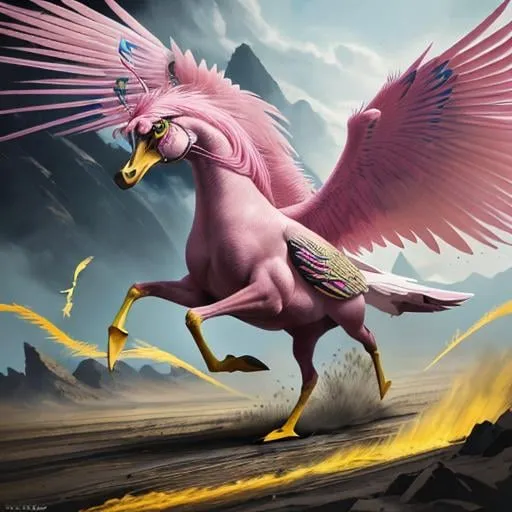 Prompt: Duck with horse body, pink and yellow feathers, charging into battle, epic fantasy art, surreal fantasy, detailed feathers, intense battle gaze, mythical creature, best quality, highres, ultra-detailed, fantasy, surreal, intense battle, detailed feathers, epic atmosphere