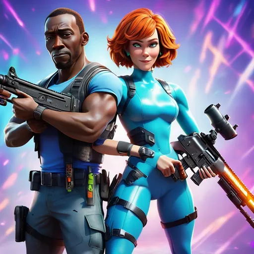 Prompt: Reba and Don Cheadle in Fortnite, holding assault rifles, 3D rendering, vibrant and action-packed, high quality, video game art, realistic characters, celebrity collaboration, dynamic poses, intense and dramatic lighting, detailed facial expressions, iconic costumes, Fortnite setting, vibrant colors, professional 3D art, energetic atmosphere, celebrity cameo, dramatic lighting, highres, action-packed, vibrant colors, dynamic poses, detailed characters