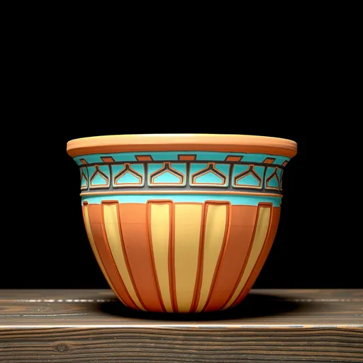 Prompt: “Create an image of a terracotta pot with a wide, flared shape reminiscent of a truncated cone. The pot features intricate, raised geometric patterns in turquoise and tan tones. The patterns include repeating rectangular and square shapes that form a band around the top of the pot, and vertical patterns on the bottom half. The turquoise glaze has subtle variations in color, with areas where the glaze has chipped away to reveal the natural terracotta underneath.
The pot sits on a wooden shelf with a rich, dark grain, and the grain of the wood is clearly visible with detailed lines and grooves that give it an aged, rustic look. The scene is lit with soft, focused light from above, casting soft highlights on the surface of the pot while creating subtle shadows that enhance the depth of the patterns. The background is completely black, adding contrast and drawing the eye to the pot and shelf.
The camera angle is straight on, allowing the viewer to see both the intricate details of the pot's exterior and its unglazed, earthy brown interior. The lighting creates a dramatic effect, highlighting the texture of the pot and the detailed wood grain of the shelf, making the overall image rich and visually striking.”