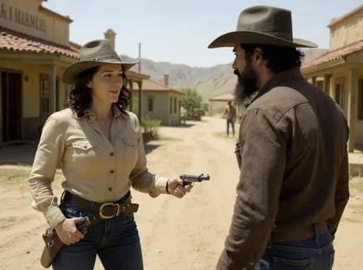 Prompt: la signora vestita da cow boy in un villaggio western con cinturone e pistole affronta un pistolero 