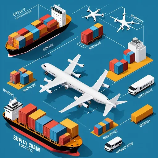 Prompt: Supply Chain and Logistics include robot, Drones, containers, ships, ocean, warehouse, flights