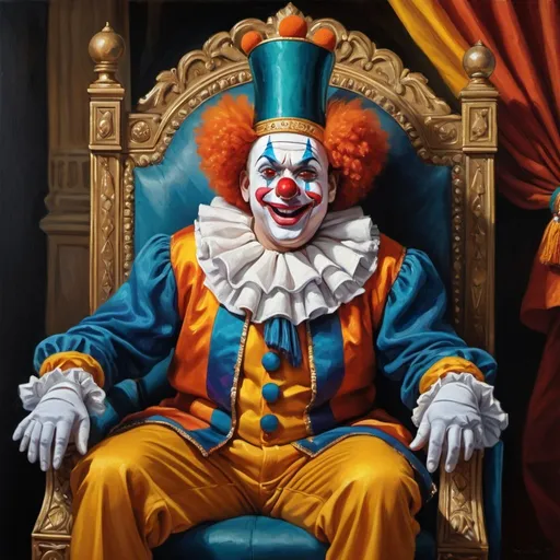 Prompt: Clown sitting on a throne, Indian national leaders cheering and waving, oil painting, detailed facial features, vibrant colors, regal clown attire, historic setting, high quality, oil painting, detailed facial features, regal attire, vibrant colors, historic setting, traditional, professional lighting
