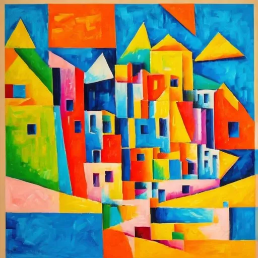 Prompt: The seaside with bright and bright colors in the style of the Cubist school