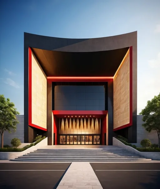Prompt: creative architecture design, cinema theatre, entrance, outdoor view, front view, grand look