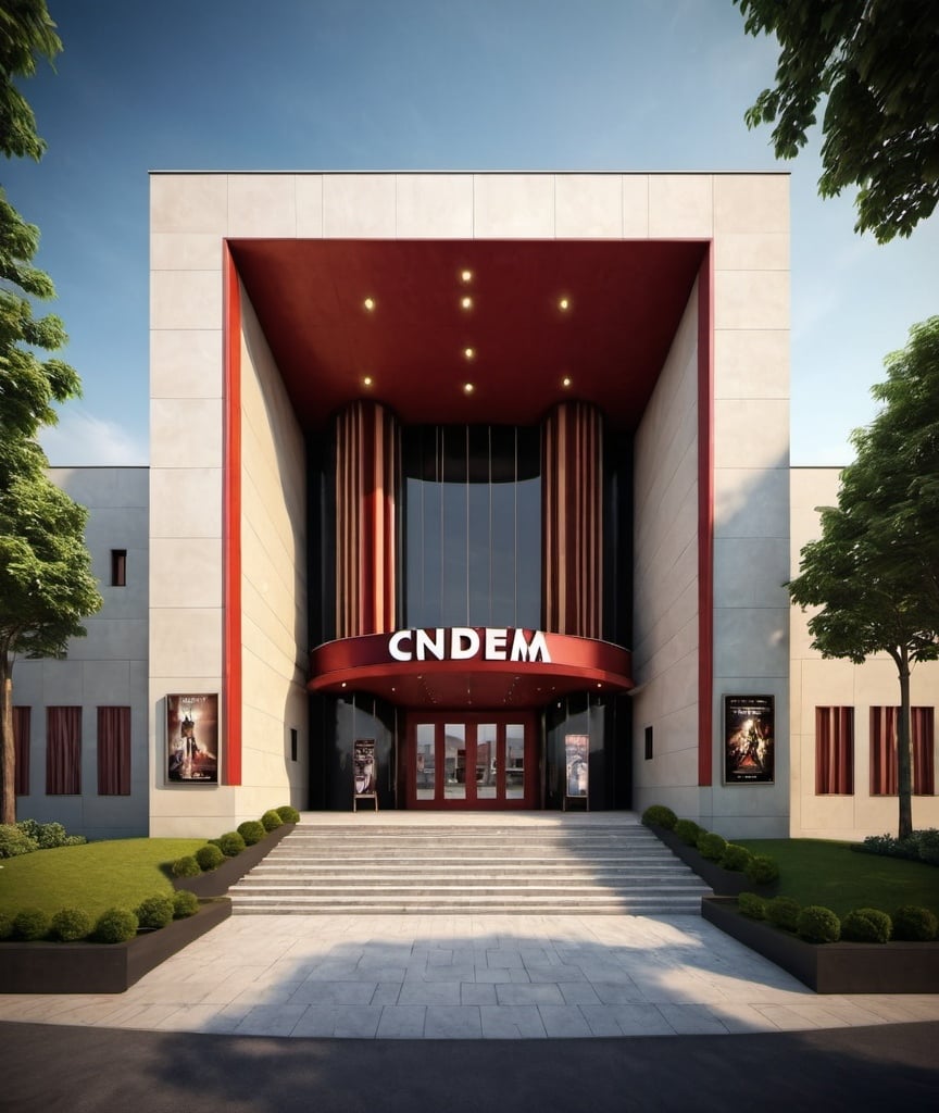 Prompt: creative architecture design, cinema theatre, entrance, outdoor view, front view, grand look
