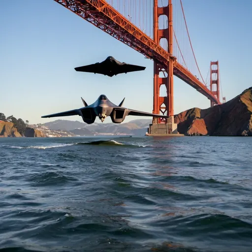 Prompt: a B-2 passing northbound underneath the golden gate bridge near sunset viewed from the surface of the bay