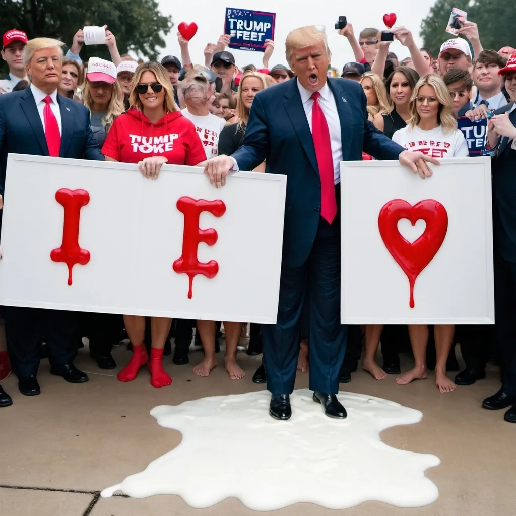 Prompt: trump covered in milk while holding a sign that says "I <3 feet"