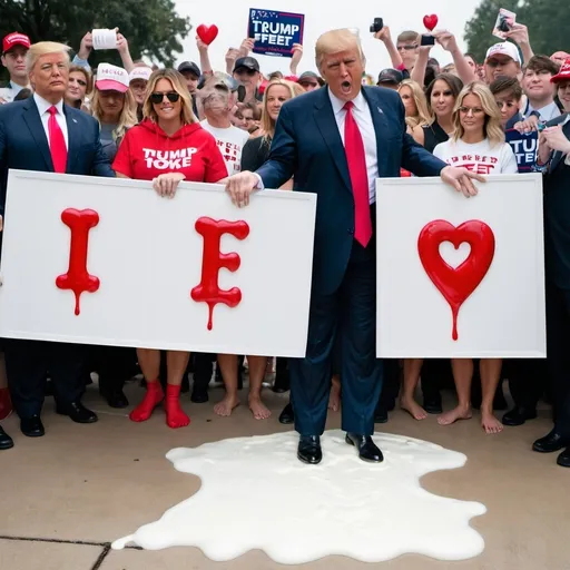 Prompt: trump covered in milk while holding a sign that says "I <3 feet"