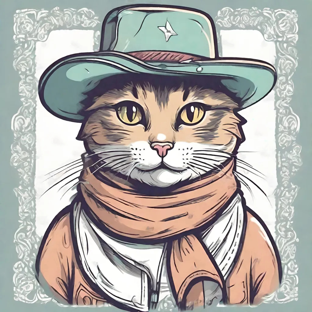 Prompt: cute pastel line art cartoon cat wearing a cowboy hat and bandana around neck
