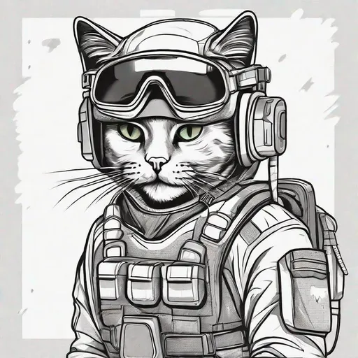 Prompt: cartoon cute line art cat on a white background wearing an ops core tactical helmet with night vision goggles