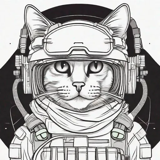 Prompt: cartoon cute line art cat on a white background wearing an ops core tactical helmet with night vision goggles