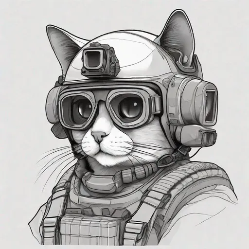 Prompt: cute line art cat on a white background wearing an ops core tactical helmet with pvs-31 night vision goggles