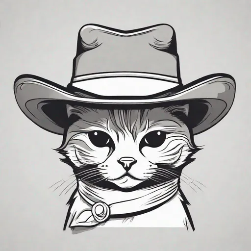 Prompt: A very simple line art cat wearing a cowboy hat and bandana around neck on a solid background