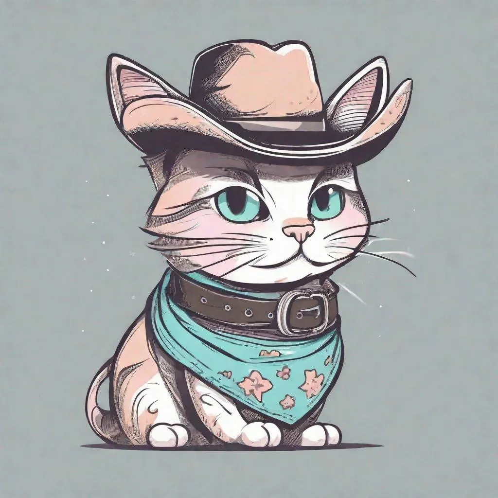 Prompt: cute pastel line art cartoon cat wearing a cowboy hat and bandana around neck
