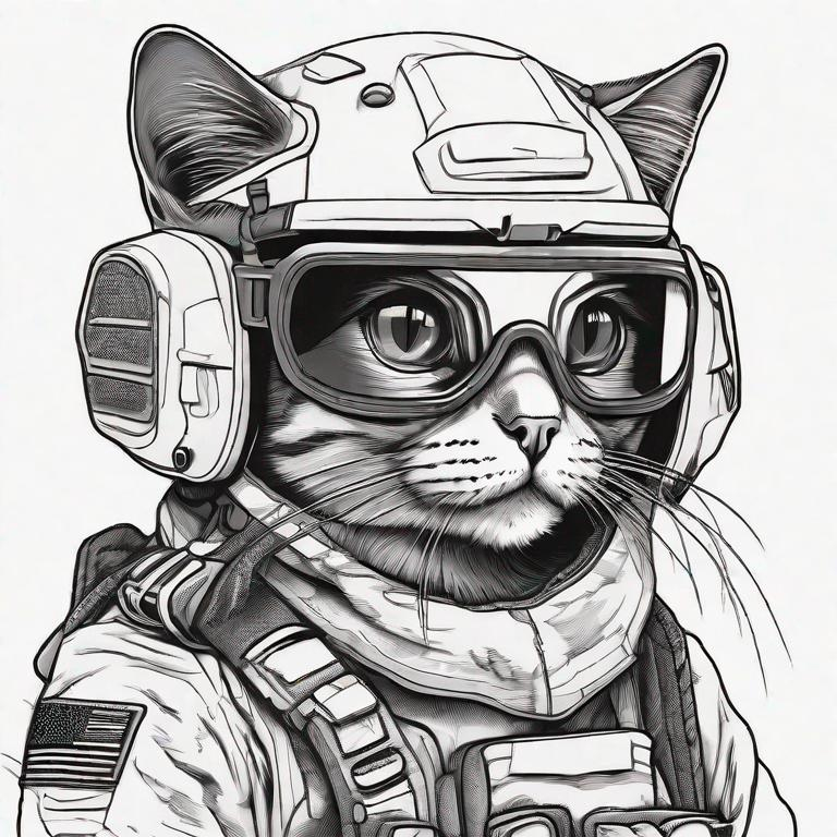 Prompt: cute line art cat on a white background wearing an ops core tactical helmet with pvs-31 night vision goggles