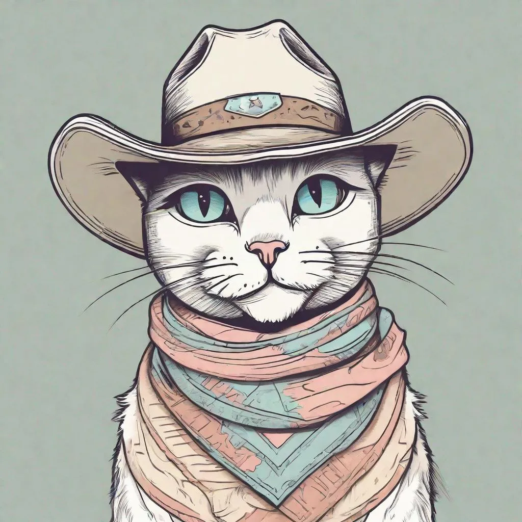 Prompt: pastel line art cartoon cat wearing a cowboy hat and bandana around neck
